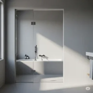 Elegant frameless bathtub door providing an unobstructed view of a clean, minimalist bathroom interior.