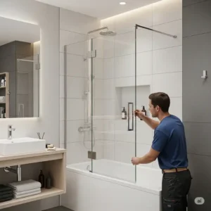 Illustration showing the clean lines of a frameless bathtub glass shower door during installation.