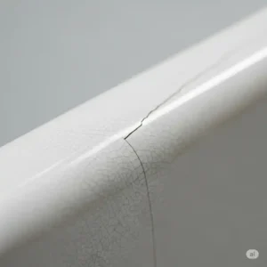 Detailed view of a hairline crack in bathtub surface.