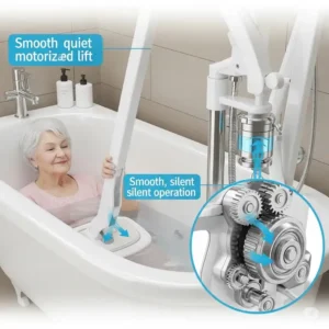 Close-up illustration of a hydraulic bathtub lift demonstrating its smooth, motorized lowering mechanism for seniors.