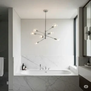 Contemporary bathroom featuring a sleek, modern chandelier over bathtub, showcasing a minimalist yet elegant design.