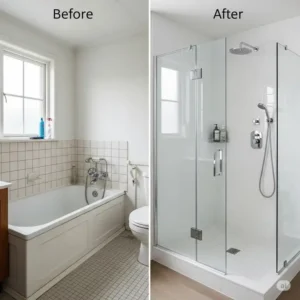 "Before and after comparison of a bathroom upgraded with a bathtub shower conversion kit, highlighting the transformation from an old tub to a spacious shower."