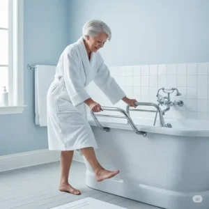 An elderly woman carefully stepping out of a bathtub, confidently gripping a sturdy chrome bathtub safety rail for balance and assistance.