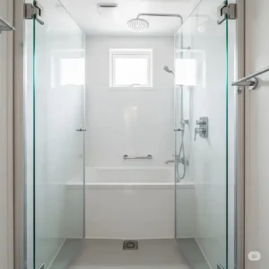 Space-saving solution showing a compact bathtub inside walk in shower area, ideal for smaller bathrooms.