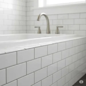 Close-up of a timeless white subway tile bathtub surround, a popular choice among bathtub tile surround ideas for its clean look.