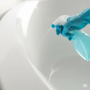 An overhead shot of essential supplies for cleaning an acrylic bathtub, including a soft cloth, non-abrasive cleaner, and spray bottle, ready to demonstrate how to clean acrylic bathtub.