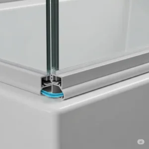 Close-up of the innovative bottom seal on trackless shower doors for bathtubs, preventing water leakage without a traditional track.