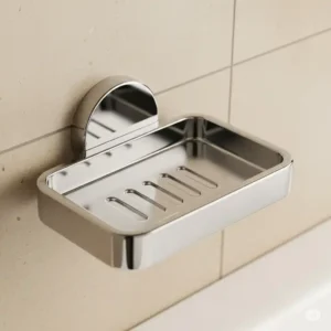 Detailed view of a chrome wall-mounted bathtub soap holder with drainage slots, perfect for keeping soap dry and accessible in the shower or bath area.