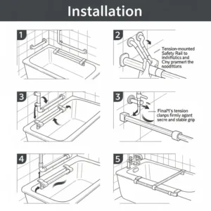 Diagram illustrating the step-by-step installation process of a tension-mounted bathtub safety rail, showing how it securely attaches to the tub.