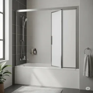 Bi-fold bathtub doors design, offering easy access and a compact solution for smaller bathrooms.
