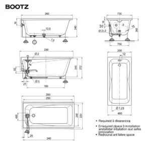 Technical drawing displaying standard Bootz bathtub dimensions, useful for bathroom planning and installation.