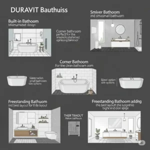 "Infographic showcasing various duravit bathtubs types, including built-in, corner, and freestanding models, for diverse bathroom layouts."