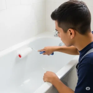 Person expertly applying the first coat of white epoxy paint for bathtub using a roller, demonstrating proper application technique.