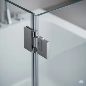 Close-up shot of the minimalist hardware and secure hinges on a frameless bathtub door, highlighting its sturdy design.