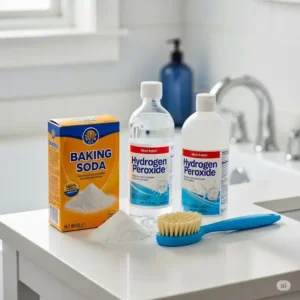 An array of common cleaning supplies on a bathroom counter, including baking soda, hydrogen peroxide, and a soft brush, essential tools for how to get hair dye stains out of the bathtub.