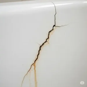  Image depicting a wider crack in bathtub, with slight discoloration from water, indicating a leak.