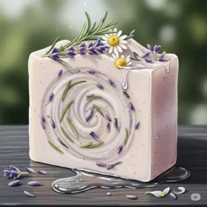Artistic illustration showcasing a bar of natural, handmade bathtub soap infused with botanical ingredients.