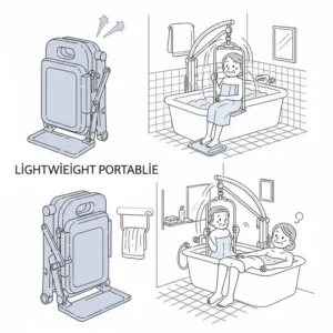 Illustration showcasing the lightweight and compact design of a portable bathtub lift, ideal for travel or smaller bathrooms for elderly users.