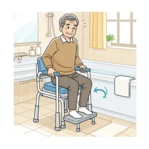 Illustration of a senior safely and easily entering a bathtub chair for seniors, highlighting accessibility and ease of use.