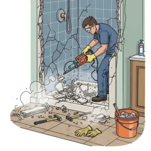 An illustration depicting the demolition phase of removing an old shower enclosure, a crucial step when you convert shower to bathtub.
