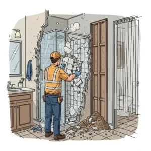 Illustration showing the initial demolition phase of a shower, preparing the space for a new bathtub during a conversion project.