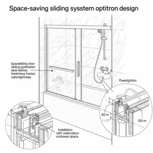 Diagram of a space-saving sliding bathtub glass shower door design, ideal for smaller bathrooms.