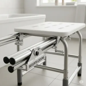 Diagram showcasing the adjustable height and width features of a sliding transfer bench for bathtub, suitable for various bathtub sizes.