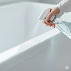 A hand spraying a gentle, non-abrasive cleaning solution onto the surface of an acrylic bathtub, illustrating the first step in how to clean acrylic bathtub effectively.