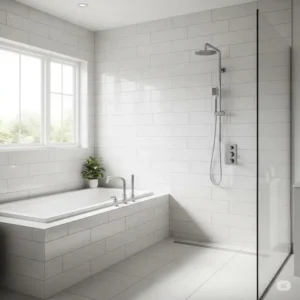 Modern bathroom design with a built-in bathtub beautifully tiled with large format subway tiles.