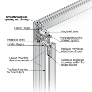 Diagram illustrating the smooth, trackless opening and closing mechanism of trackless shower doors for bathtubs specifically for bathtub enclosures.