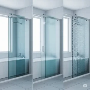 Visual comparison of clear, frosted, and patterned glass options available for sliding bathtub doors, offering various levels of privacy.
