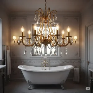 Ornate vintage chandelier over bathtub, evoking a sense of timeless charm and traditional elegance.