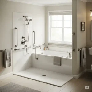Accessible bathroom layout featuring a low-threshold bathtub inside walk in shower for ease of use.