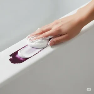 A hand gently applying a thick paste of baking soda and water directly onto a hair dye stain in a bathtub, demonstrating a natural method for how to get hair dye stains out of the bathtub.
