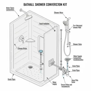 "Diagram illustrating the essential components of a bathtub shower conversion kit, including the base, walls, and plumbing fixtures, for easy installation."