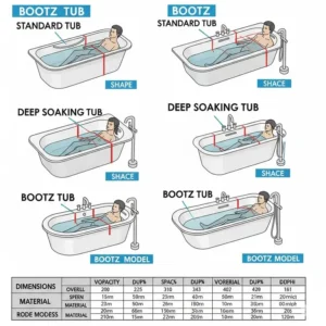 Comparison illustration of various Bootz bathtub models, such as standard and deep soaking tubs, to help choose the right fit.