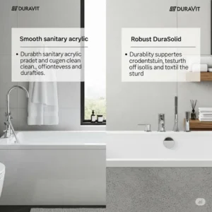 "Visual guide illustrating duravit bathtubs materials like smooth sanitary acrylic and robust DuraSolid, emphasizing durability and feel."