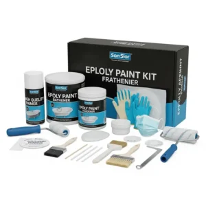 Complete epoxy paint for bathtub kit, including primer, color, hardener, and application tools, ready for a DIY reglazing project.
