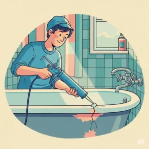 Illustration of a person applying a repair compound to a crack in bathtub, demonstrating a DIY fix.