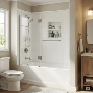 Space-saving frameless bathtub door enhancing the open feel of a compact bathroom, ideal for optimizing small spaces.