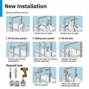 Diagram illustrating the straightforward installation process for new sliding bathtub doors, demonstrating typical steps.