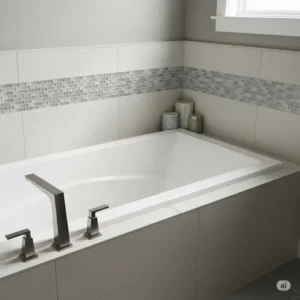 Bathtub area with a beautiful mosaic tile accent strip within a neutral tile surround, adding a touch of elegance to various bathtub tile surround ideas.