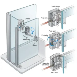 Detailed illustration of the pivot hinge mechanism for a swinging bathtub glass shower door.