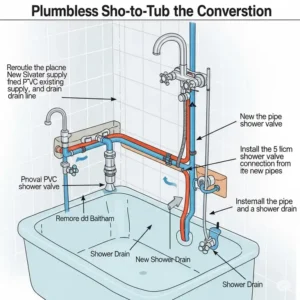 Detailed diagram illustrating the plumbing modifications and new pipe installation required for a seamless shower to bathtub conversion.