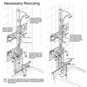 A technical illustration showing the necessary plumbing rerouting and adjustments required to convert shower to bathtub, ensuring proper water flow and drainage.