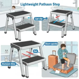 Illustration of lightweight, portable bathtub steps designed for easy storage and travel.