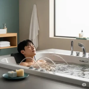 Relaxing individual enjoying the therapeutic massage of the powerful bathtub jets in a modern bathroom setting.
