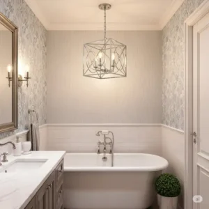 Space-saving design with a compact yet stylish chandelier over bathtub, demonstrating how to incorporate luxury in a smaller bathroom.