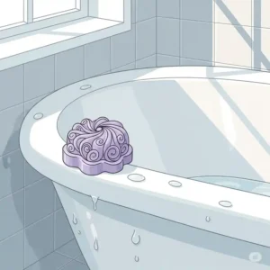 Simple illustration of a beautifully shaped bathtub soap bar resting on the edge of a pristine white bathtub.