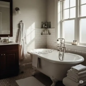Classic bathroom aesthetic featuring a clawfoot tub complemented by traditional white subway tiles.